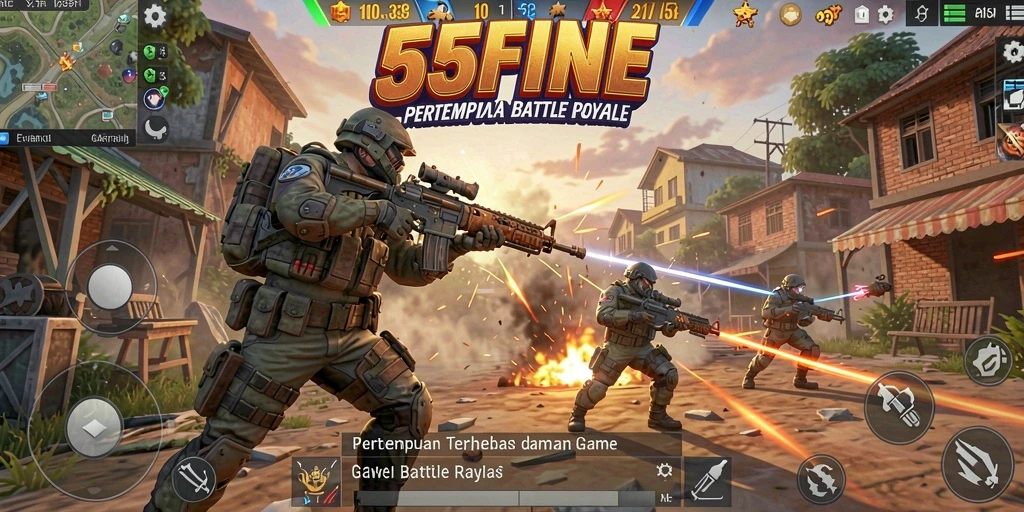 Screenshot gameplay 55FIVE menampilkan aksi pertempuran di arena Battle Royale.