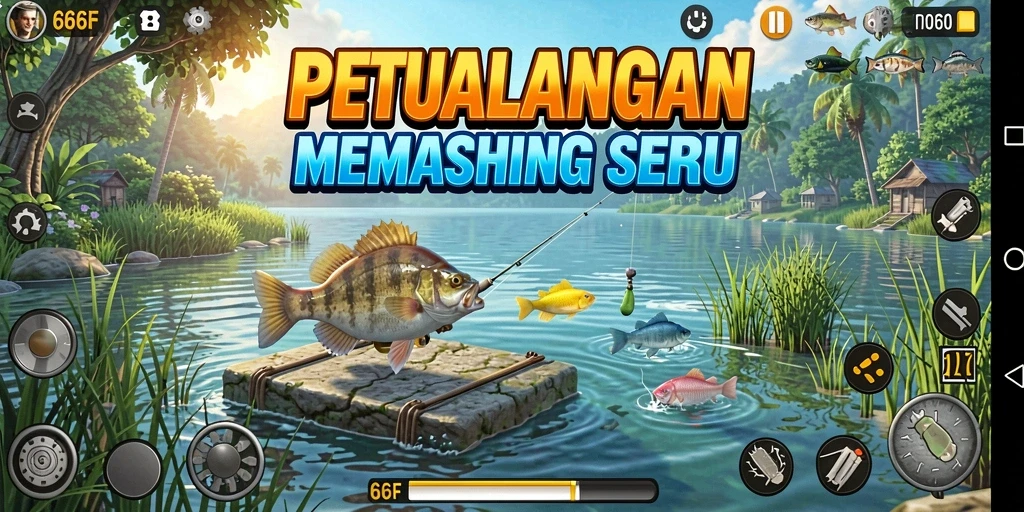 Gameplay memancing nyata dengan berbagai lokasi dan ikan.