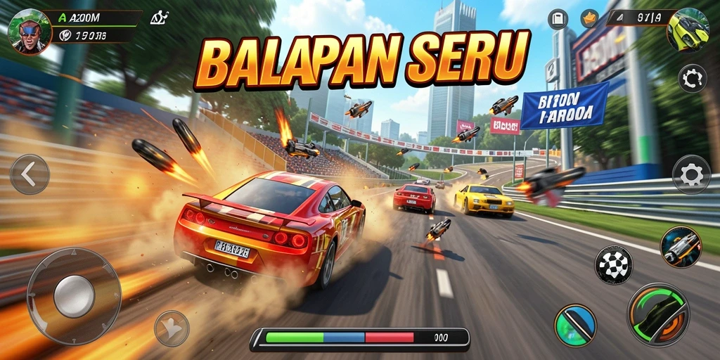 Screenshot gameplay A200M menampilkan balapan seru di trek yang menantang.
