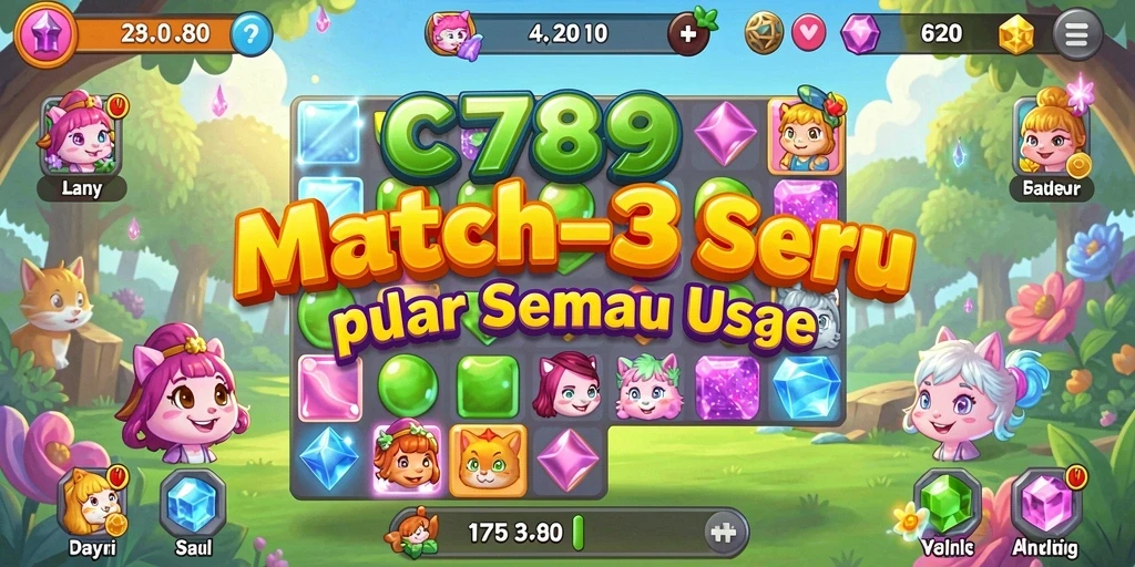 Screenshot gameplay C789 menampilkan aksi mencocokkan permata yang seru.