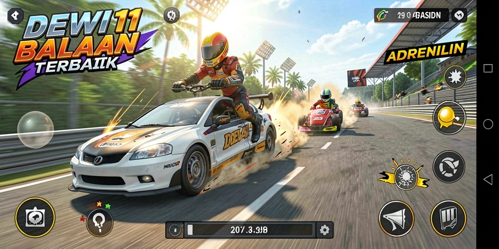 Gameplay seru DEWI11 yang penuh aksi balapan.