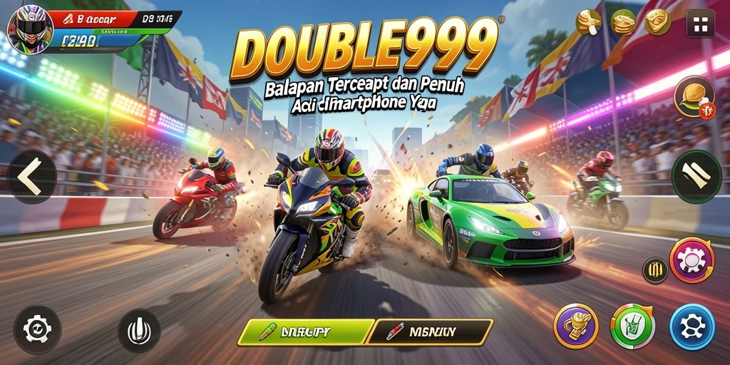 Screenshot menunjukkan aksi balapan seru dalam DOUBLE999.