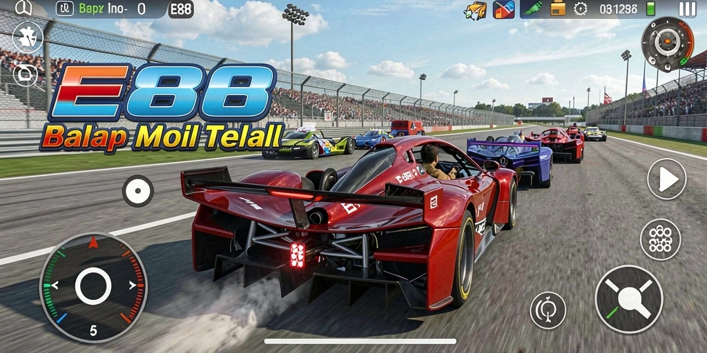 Tampilan gameplay E88 yang mengasyikkan di jalur balap.