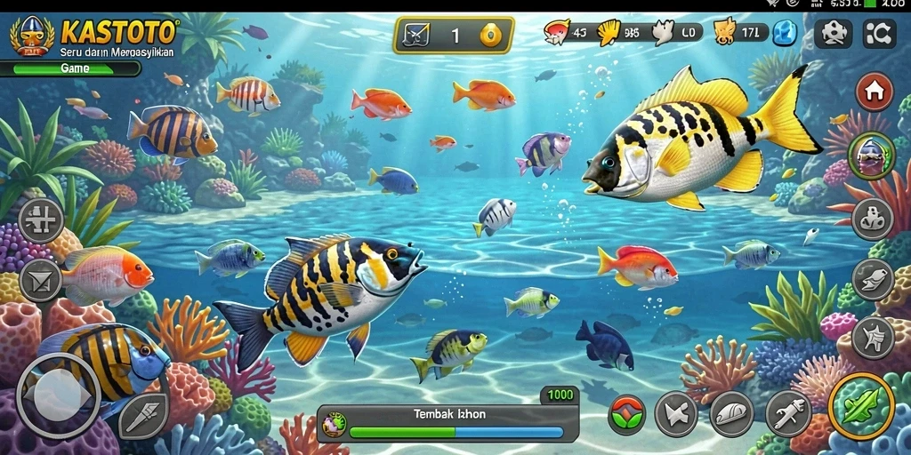 Tampilan gameplay KASTOTO dengan berbagai ikan yang menari di lautan.