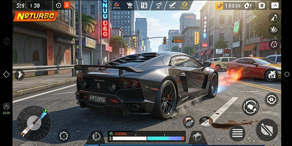 Tampilan gameplay <strong>N9TURBO</strong> yang menegangkan dan mendebarkan.