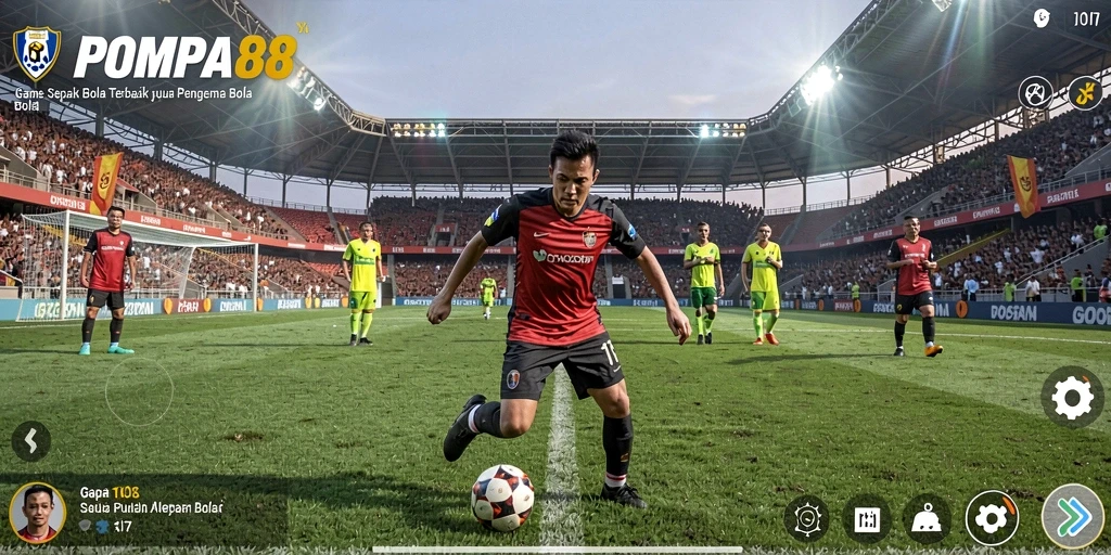 Tangkapan layar gameplay POMPA88 menampilkan aksi seru di lapangan sepak bola.