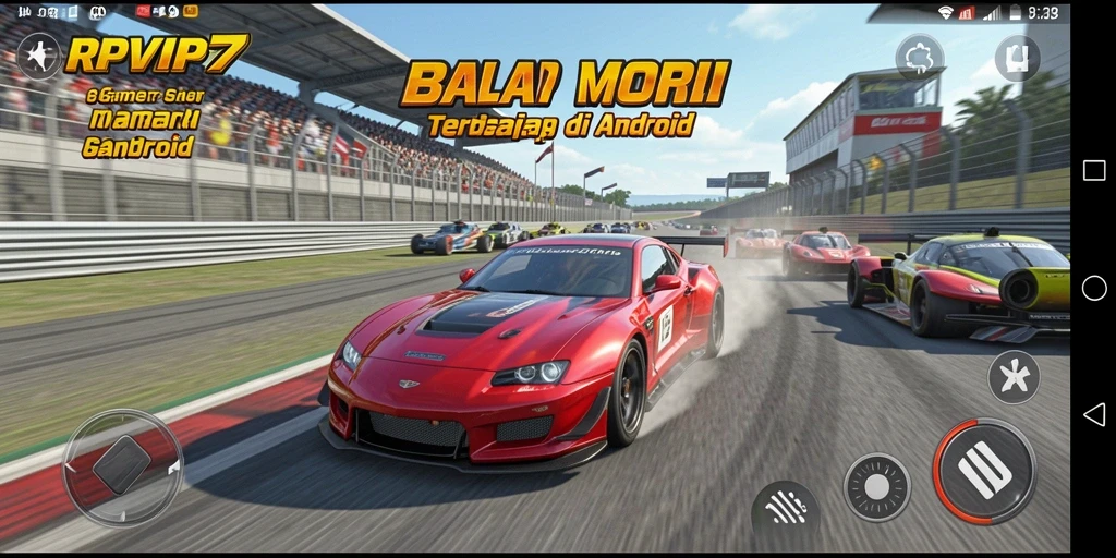 Screenshot RPVIP7 menunjukkan aksi balapan mendebarkan di trek yang berwarna-warni.