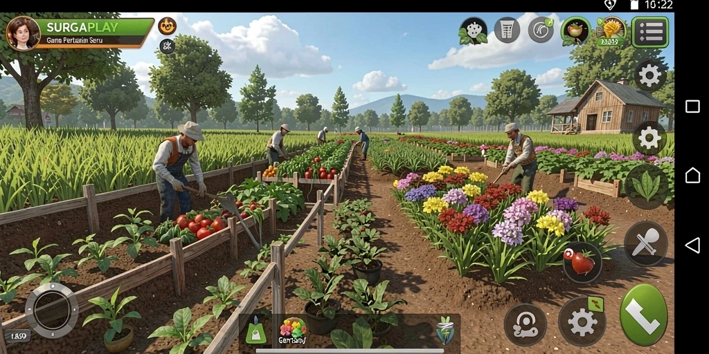Screenshot gameplay SURGAPLAY menampilkan pertanian yang indah dan beragam aktivitas berkebun.